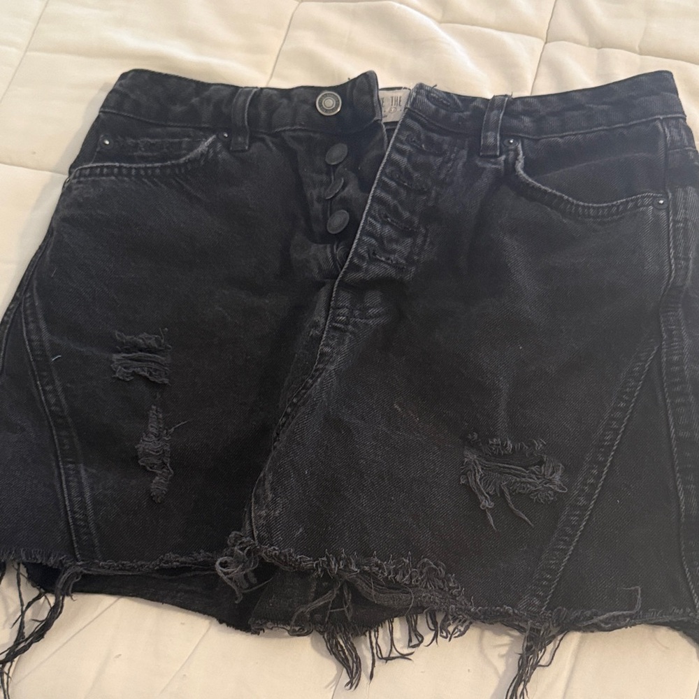Free People Black Distressed Button-Front Denim Skirt